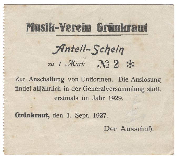 Anteilschein Musikverein Grünkraut 1927